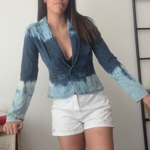 Bleach Tie Dye Denim Blazer Jacket, Fitted Blue Jean Career Casual